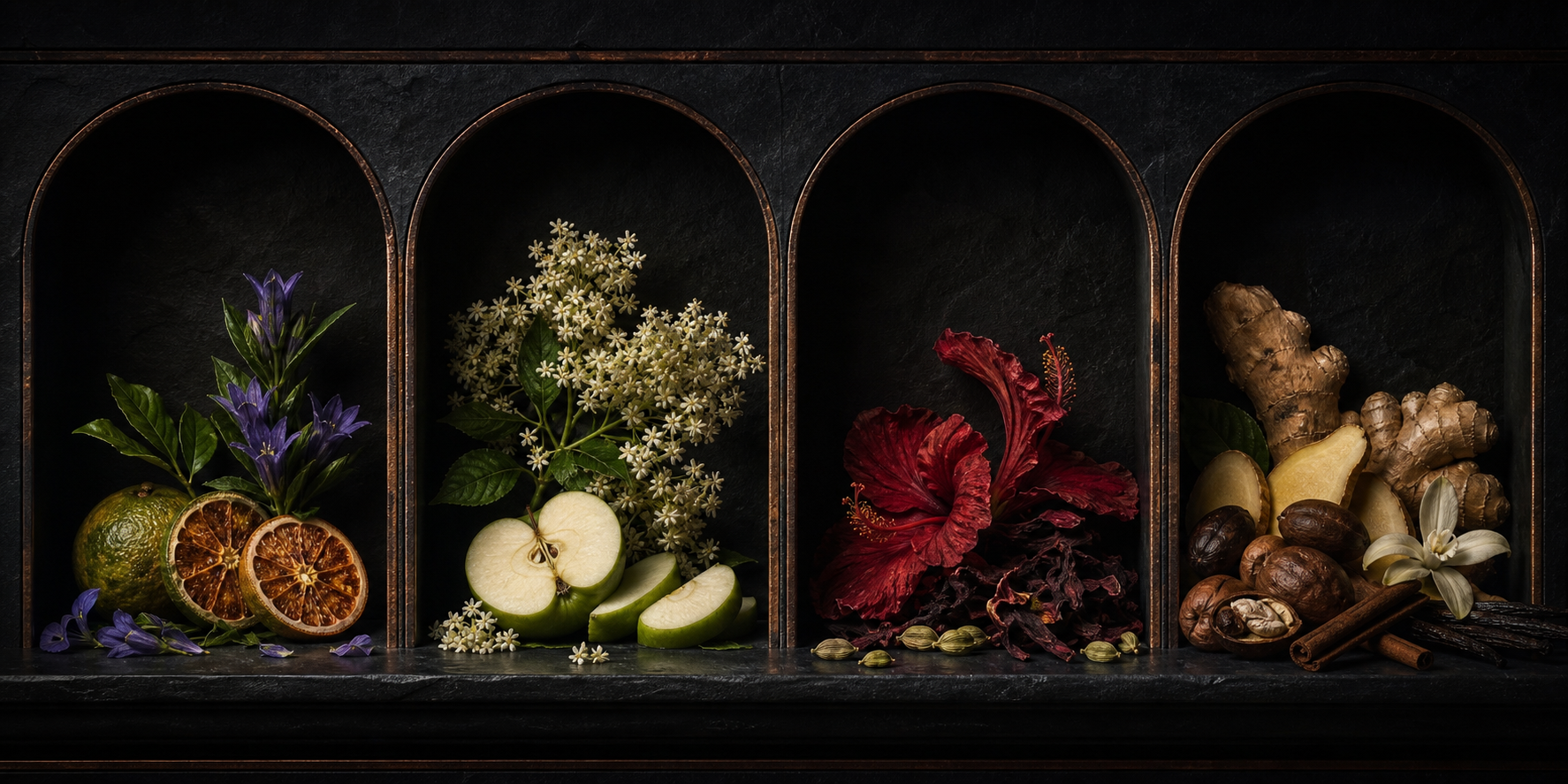 Four apothecary alcoves with the botanical ingredients of every FLORE flavour